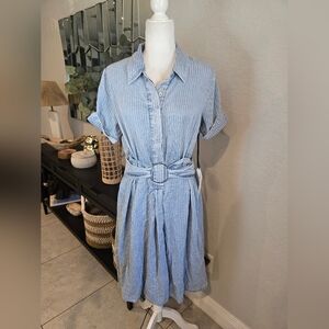 Button-Front Belted Midi Shirt Dress in Light Blue